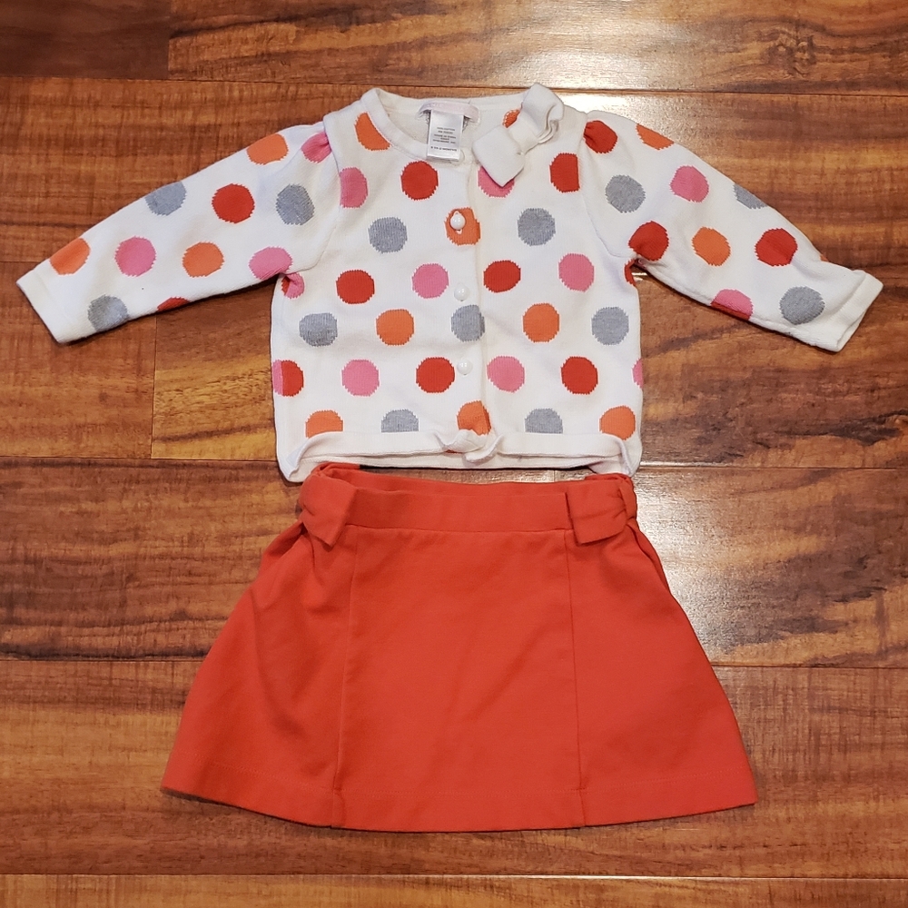 Janie and Jack EUC 6-12 months polka dot cardigan and orange bow ponte skirt